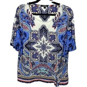 ✨3/$20✨ Roz & Ali Paisley Medallion Top Large Boho Tie Front Short Sleeve Blouse